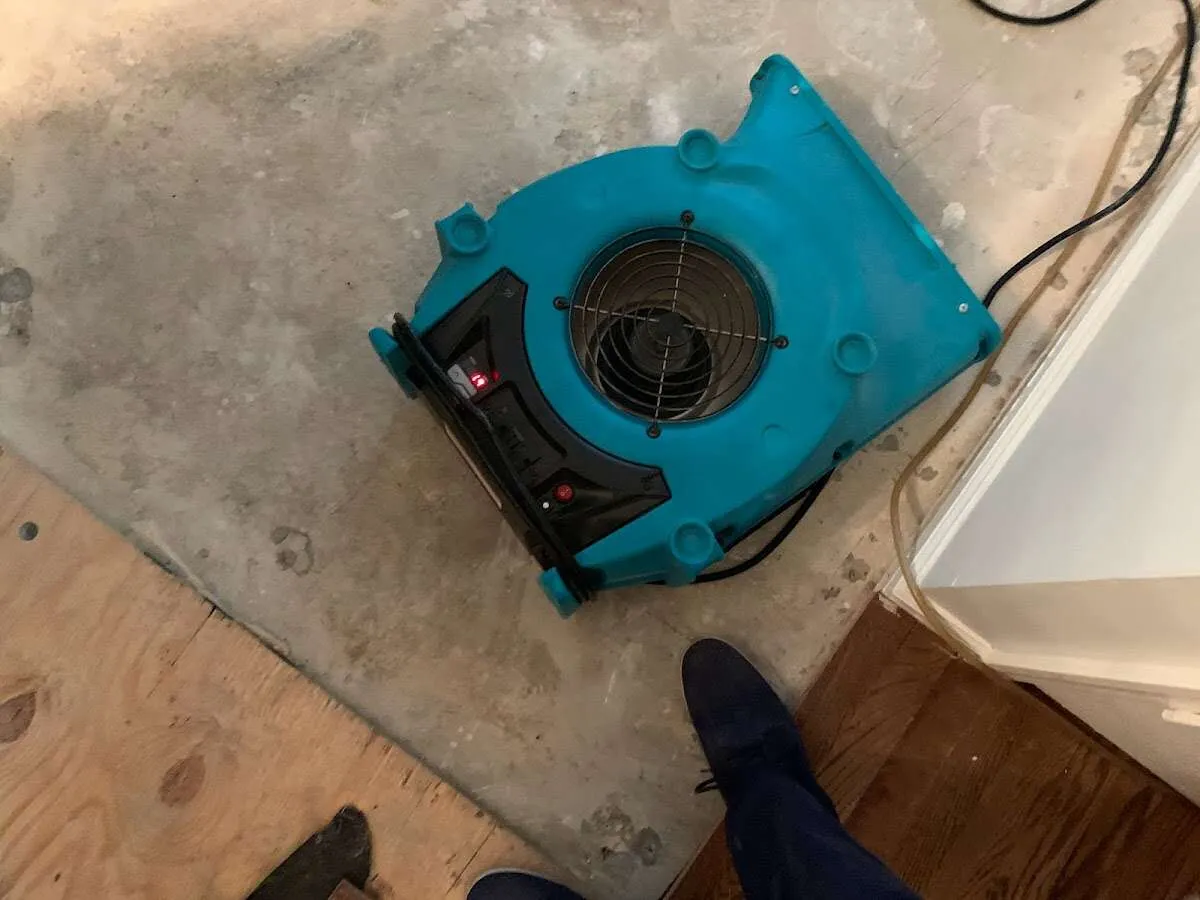 Air mover drying subfloor during Commercial Water Damage Restoration in Riverhead